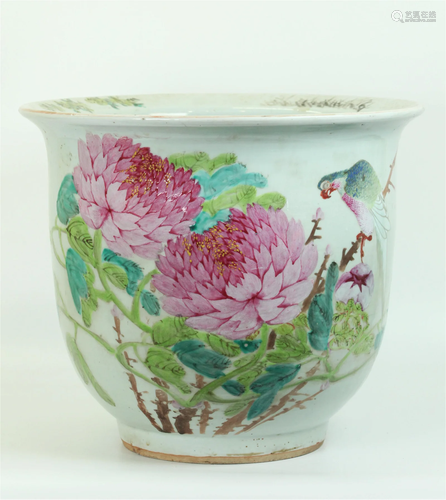 Lg Chinese Artist Porcelain Planter Parrot Peony