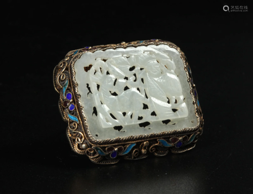 Chinese Qing White Jade & Enameled Silver Pin