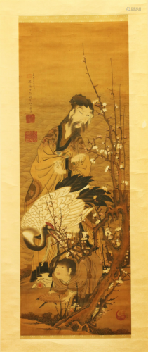 Chinese Qing Silk Painting Scholar Crane Acolyte