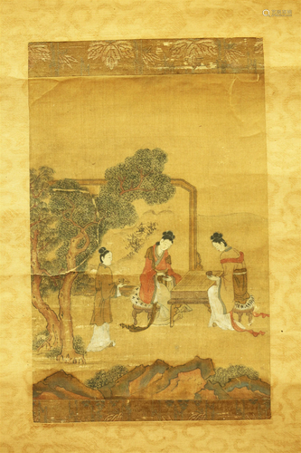 Chinese Ink & Color on Silk Painting Playing Weiqi