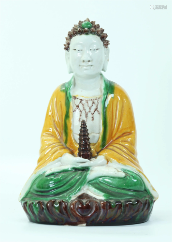 Chinese Sancai Porcelain Seated Buddha & Pagoda