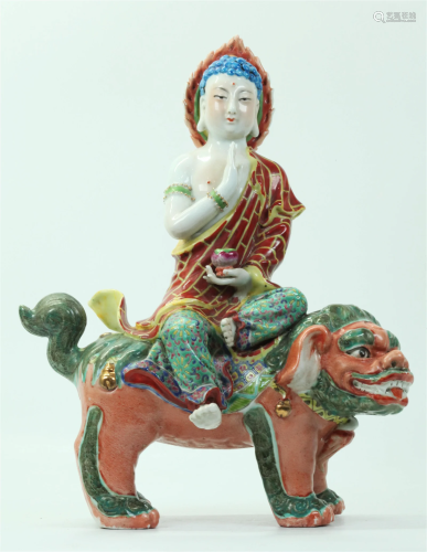 Chinese Enameled Porcelain Bodhisattva on Fu Lion
