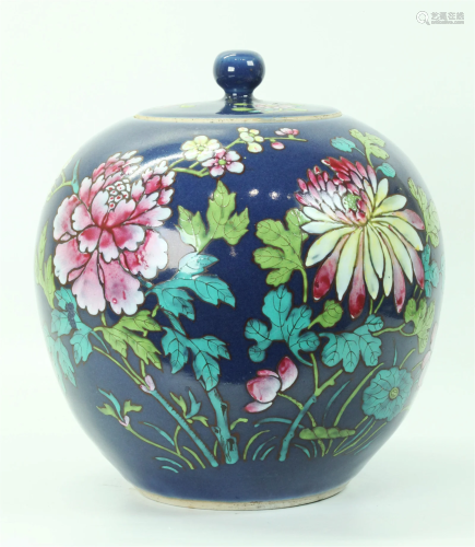 Chinese Blue & Famille Rose Enameled Porcelain Jar