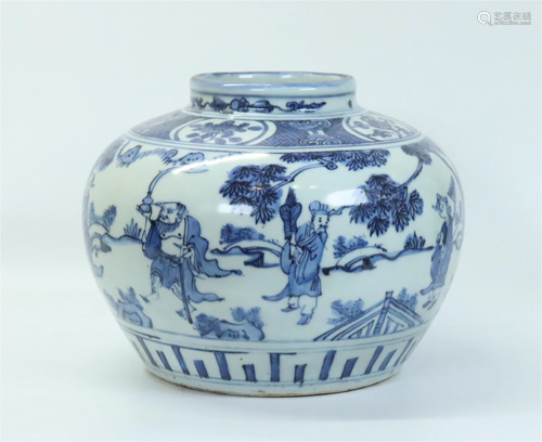 Chinese Blue & White 8 Immortals Porcelain Jar