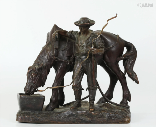 Theophile Hingre Bronze Farmboy & Horse at Trough