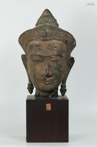 Lg South East Asian Bronze Buddha Head on Stand