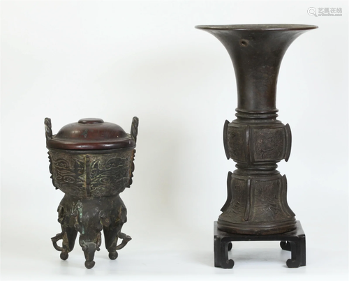 2 Chinese Ming / Qing Heavy Bronze Gu & Censer