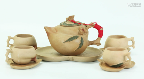 Chinese Yixing Peach Teapot 4 Cups Saucers Tray