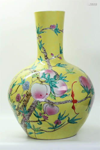 Chinese 9 Peaches Yellow Porcelain Large Vase