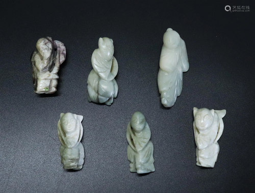 6 Chinese Light Celadon Green Jade "Boy" Toggles