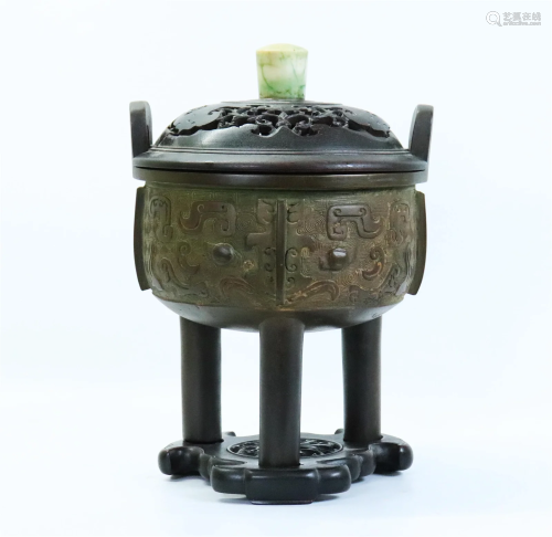 Chinese Bronze Taotie Incense Burner Cover Base