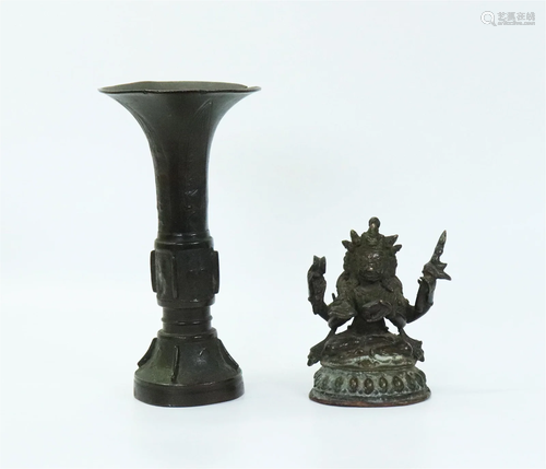 Tibetan Seated 4 Armed Mahakala; Chinese Gu Vase