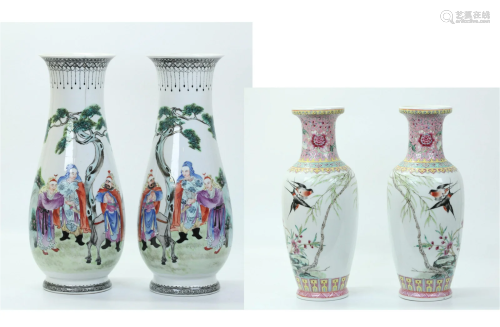 2 Pairs Chinese Famille Rose Porcelain Vases