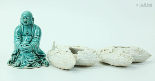 Chinese Turquoise Porcelain Lohan; Melon Waterpots