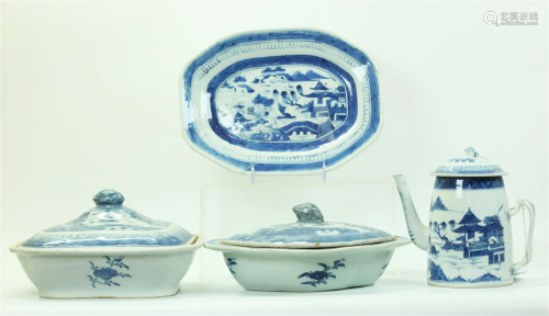 4 Chinese Blue & White Canton/Nanking Porcelains