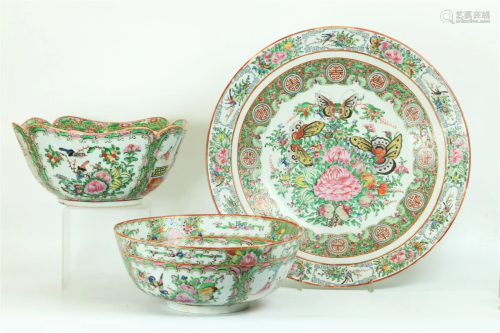 3 Chinese Rose Medallion Porcelains Bowls Platter