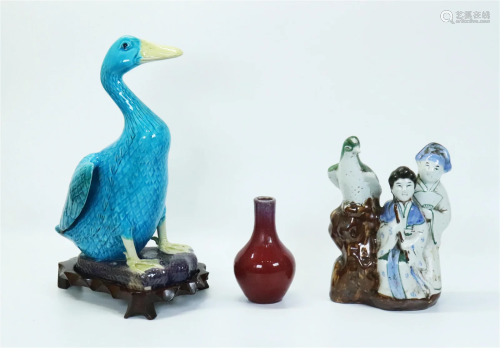 3 Chinese Porcelains: Goose, Figures, Red Vase