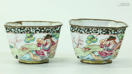 Pr Chinese 18th C Canton Enamel Cups w Europeans