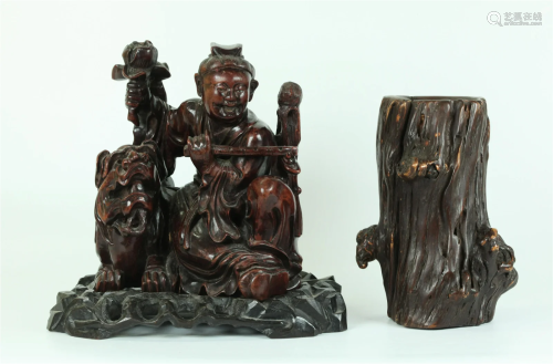 Chinese Carved Hard Wood Figure & Stand; Brush Pot