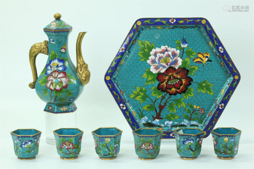 8 Piece Chinese Gilt Bronze Cloisonne Wine Set