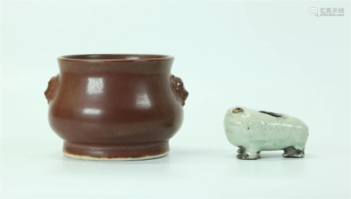 2 Chinese Porcelains; Censer, Celadon 3 Leg Toad