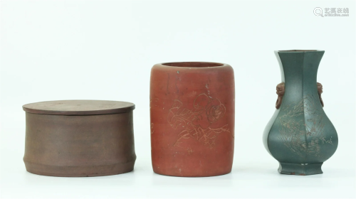 3 Chinese Yixing; Cricket Box, Brush Pot, Vase