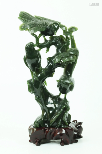 Chinese Green Jade: 3 Birds on Old Pine Tree