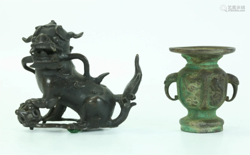Chinese Qing Dynasty Bronze Fu Lion; Japanese Vase