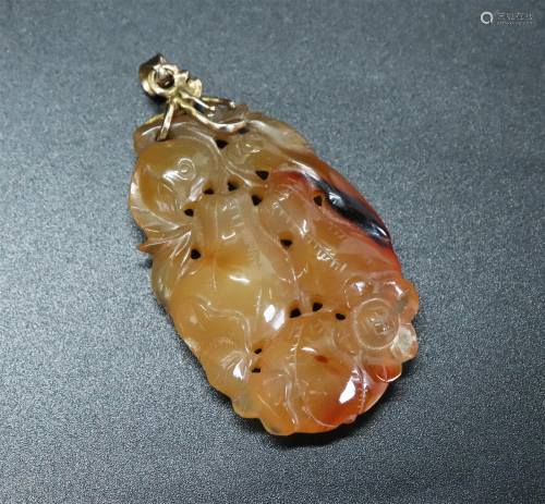 Chinese Carnelian Agate Double Gourd Pendant 14K