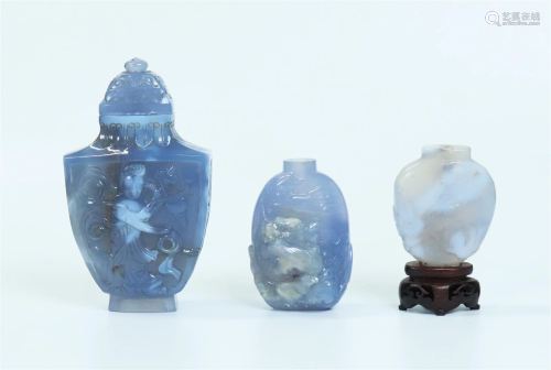 3 Chinese Chalcedony Agate Snuff Bottles