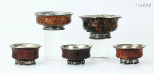 5 Tibetan Burl Wood & Silver Butter Tea Bowls