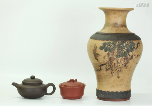 3 Chinese Yixing Wares: Vase Teapot Bowl & Cover