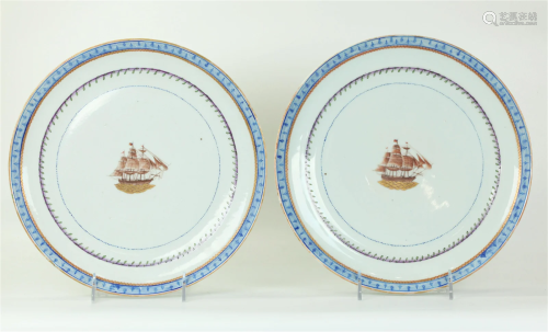 Pr Chinese Export Porcelain Plates US Ship & Flag