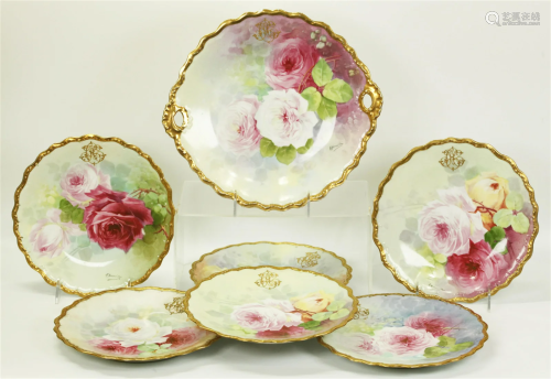 Limoges 1890 Rose Porcelains; 6 Deserts & 1 Tray