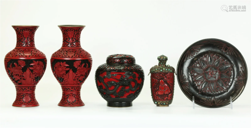 5 Chinese Red Cinnabar Lacquers Snuff Vases Jar