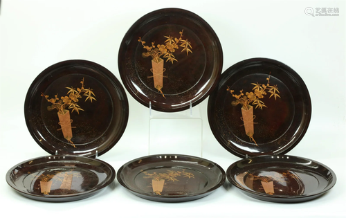 6 Fine Japanese Gold & Black Lacquer Plates