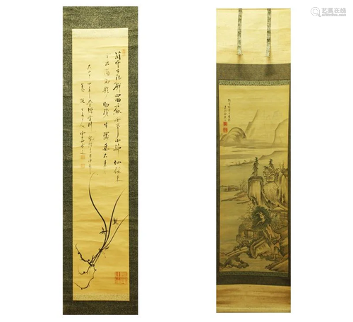 2 Japanese Ink Paintings Mounted Hanging Scrolls