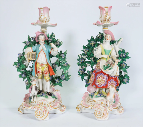 Pr European Porcelain "Chelsea" Type Candlesticks