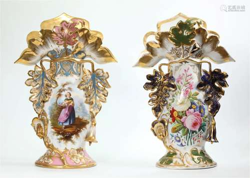 2 French Porcelain de Paris 19th C Vases