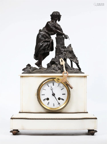 19th C European Bronze White Marble Mantel Clock