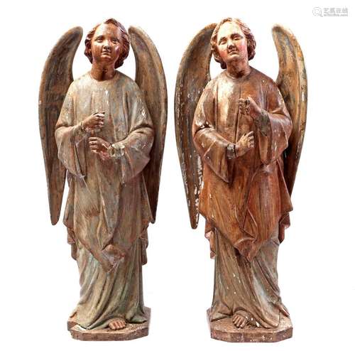 2 wooden polychrome statues of angels