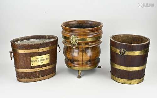 Three old/antique wooden buckets with copper