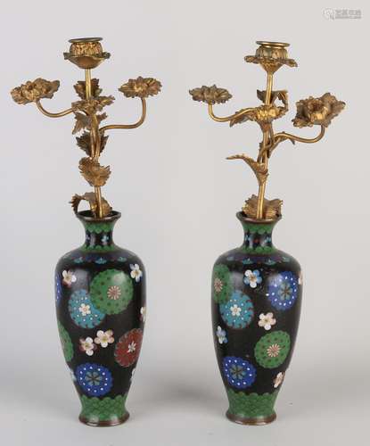 Two cloisonné candlesticks, H 40 cm.