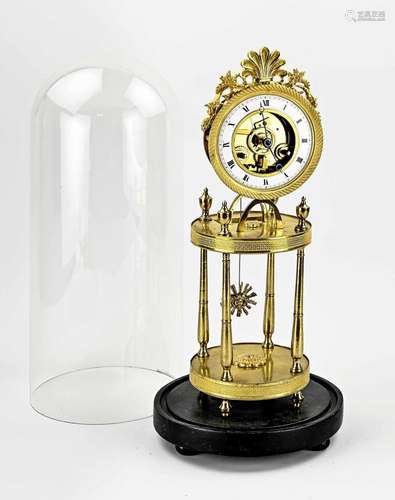 French skeleton mantel clock under bell jar, H 46 cm.