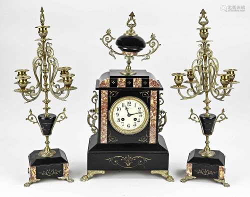 Three-piece French clock set, 1890