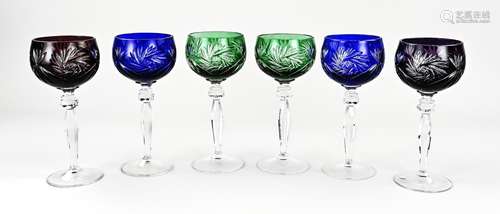 Six antique colored wine glasses, 1930