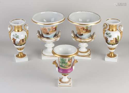 Five beautiful empire crater vases, H 17 - 22 cm.