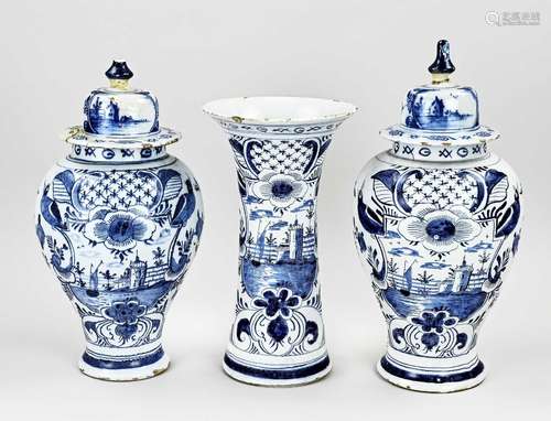 Three-piece 18th century Delft vase set