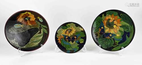 Three antique pottery plates Ø 22 - 27 cm.