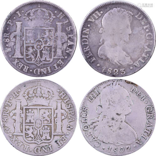 西屬墨西哥1808年 卡洛斯四世8R(雙柱) 銀幣 及 西班牙1823年 斐迪...